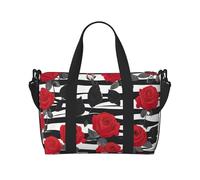 Borsa da viaggio a mano con stampa di fiori di rosa rossa a righe bianche nere con cerniera borsa per la notte per donne uomini Carry On