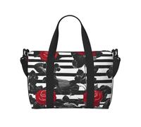 Borsa da viaggio a mano con stampa di fiori di rosa rossa a righe bianche nere con cerniera borsa per la notte per donne uomini Carry On