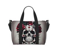 Borsa da viaggio a mano con stampa di teschio con rosa rossa, borsa da viaggio con cerniera, borsa per la notte per donne e uomini