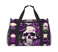 Borsa da viaggio a mano con teschio di rosa viola, grande borsa per la spesa riutilizzabile, perfetta per attività all'aperto, sport, campeggio e generi alimentari, nero, Taglia unica