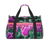Borsa da viaggio a mano con tulipani viola, grande borsa riutilizzabile per la spesa, perfetta per attività all'aperto, sport, campeggio e generi alimentari, nero, Taglia unica