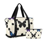 Borsa da viaggio a pois animale farfalla blu borsa da viaggio week-end / borsa da notte con tracolla regolabile grande capacità, farfalla blu a pois, taglia 1, Farfalla blu a pois, 1 size