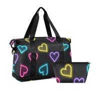 Borsa da viaggio a tracolla con cuori colorati al neon con tasca bagnata tracolla regolabile da palestra borsone per escursionismo pieghevole per uomini donne