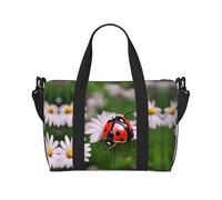 Borsa da viaggio a tracolla con stampa di coccinelle e margherite, borsa casual con cerniera, per gite nel fine settimana e shopping in palestra, Nero , Taglia unica, Borsa da viaggio