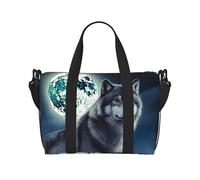 Borsa da viaggio a tracolla impermeabile con fenicottero con fiori, grande borsa da viaggio con tracolla regolabile, multi-scomparto per palestra, viaggi, attività all'aperto, Lupo sotto la luna
