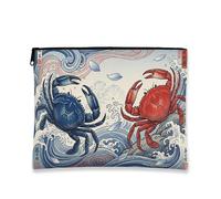 Borsa da viaggio artistica vintage con granchio, blu e rosso a tema oceano, borsa da viaggio per donne, organizer portatile in tela con cerniera, borsa per la cura della pelle estiva da spiaggia, Blu