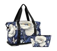 Borsa da viaggio bianca vintage con api fiore borsa da viaggio per la notte con borsa da toilette per aereo, grande capacità, Bianco fiore vintage Bee, 1 size