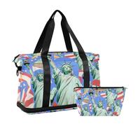 Borsa da viaggio blu alla moda con statua della libertà, con tasca bagnata, cinturino regolabile, borsone sportivo da palestra, per allenamento, pieghevole, per uomini e donne