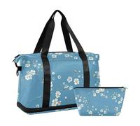 Borsa da viaggio blu e bianca con fiori dipinti a olio con tracolla regolabile per trekking set da 2 pezzi, Fiori blu e bianchi della pittura a olio, 1 size