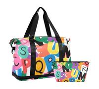 Borsa da viaggio colorata con lettere dell'alfabeto dei cartoni animati, con tasca bagnata, tracolla regolabile, per palestra, sport, viaggi d'affari, pieghevole, per uomini e donne