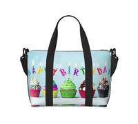 Borsa da viaggio colorata con stampa di cupcake di buon compleanno, borsone da viaggio, borsa per oggetti personali, per viaggi, palestra, sport, weekender, Nero , Taglia unica