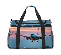 Borsa da viaggio con aereo nelle luci serali, borse da viaggio per donne e uomini, per avventure all'aperto, ideale per campeggio ed escursionismo, nero, Taglia unica