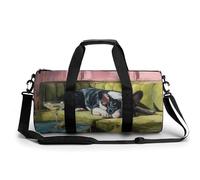 Borsa da viaggio con bulldog francese sdraiato sul divano verde, borsa da palestra per donne e uomini, borsone cilindrico per allenamento sportivo con tracolla