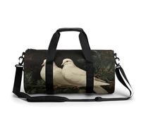 Borsa da viaggio con due colombe bianche appollaiate su un ramo sempreverde, borsa da palestra per donne e uomini, borsa da viaggio cilindrica con tracolla