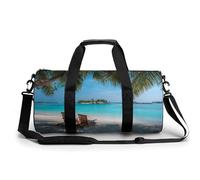 Borsa da viaggio con due sedie in legno sotto le palme, borsa da palestra per donne e uomini, borsa da viaggio cilindrica con tracolla