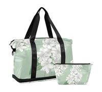 Borsa da viaggio con fiori di giacinto stile dolce e fresco, colore bianco e verde chiaro, borsa da viaggio con tracolla regolabile per allenamento, impermeabile, fiore di giacinto stile delicato e