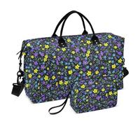 Borsa da viaggio con fiori gialli e viola per viaggi di viaggio nel fine settimana, borsa da viaggio per la notte, borsa da viaggio con borsa da toilette per viaggi di grande capacità
