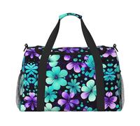 Borsa da viaggio con fiori viola e foglia di tè, borse per il fine settimana per donne e uomini per avventure all'aperto, ideale per campeggio ed escursionismo, nero, Taglia unica