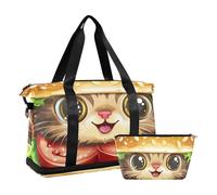 Borsa da viaggio con gattino hamburger in stile cartone animato, borsa da viaggio con tracolla regolabile per palestra pieghevole, cartone animato, hamburger, gattino, 1 size