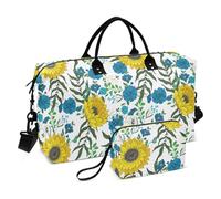 Borsa da viaggio con girasoli e fiori selvatici blu e bianchi, borsa da viaggio a tracolla, borsa da palestra con tracolla regolabile per escursioni, grande capacità