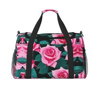 Borsa da viaggio con immagine di rose rosa, grande borsa per la spesa riutilizzabile, perfetta per attività all'aperto, sport, campeggio e generi alimentari, nero, Taglia unica