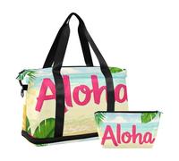 Borsa da viaggio con lettere, stile tropicale, con fiori e foglie, con tasca bagnata, tracolla regolabile, borsa da palestra per viaggi d'affari, set da 2 pezzi, per uomini e donne