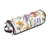 Borsa da viaggio con motivo floreale viola e giallo, tappetino resistente al calore con cerniera, impermeabile, portatile, aperta, piatta, borsa da viaggio per straigheners, ferro arricciacapelli