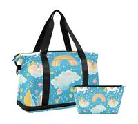 Borsa da viaggio con motivo unicorni blu, con tasca bagnata, tracolla regolabile, grande borsa da palestra per escursionismo, grande capacità, per uomini e donne