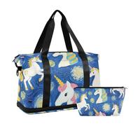 Borsa da viaggio con pittura a olio e unicorni, blu, con tasca bagnata, tracolla regolabile, borsa da palestra per aereo, impermeabile, per uomini e donne