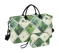 Borsa da viaggio con sfondo bianco a forma di griglia verde, borsa da viaggio per la notte, borsa da allenamento con borsa da toilette pieghevole per allenamento