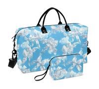 Borsa da viaggio con sfondo blu cielo con un sacco di fiocchi bianchi su di esso, borsone da viaggio, borsone per lo sport, palestra, borsa da toilette per yoga, grande capacità