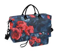 Borsa da viaggio con sfondo blu navy con rose rosse al centro, borsa da viaggio per la notte, borsa da palestra con tracolla regolabile per lo sport, pieghevole, Sfondo blu navy con rose rosse al