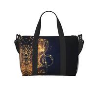 Borsa da viaggio con stampa a forma di nota musicale dorata con stella lucida caduta, borsone da viaggio, borsa per oggetti personali, per viaggi, palestra, sport e weekend, Nero , Taglia unica