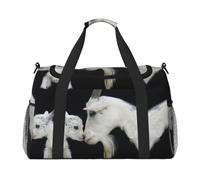 Borsa da viaggio con stampa di capra e scritta in lingua inglese "Cute Goat Baby with Mother Print", borsa da weekender, borsa per allenamento, yoga, borsone per oggetti personali per Audlts, Nero ,