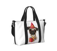 Borsa da viaggio con stampa di cucciolo di carlino con scritta "Happy Birthday", borsa da viaggio, borsa per oggetti personali, per viaggi, palestra, sport, weekender, Nero , Taglia unica