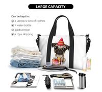 Borsa da viaggio con stampa di cucciolo di carlino con scritta "Happy Birthday", borsa da viaggio, borsa per oggetti personali, per viaggi, palestra, sport, weekender, Nero , Taglia unica