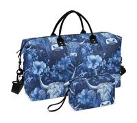 Borsa da viaggio con stampa di mucca scozzese blu reale, senza cuciture, con motivo senza cuciture, grande borsa da viaggio per aeroporto, borsa sportiva da palestra con borsa da toilette per