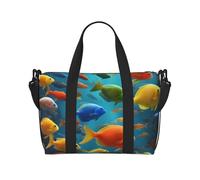 Borsa da viaggio con stampa di pesci colorati obliqui su tutta la mano, in poliestere, per donne e uomini, borsone per la notte, nero, taglia unica, Nero, One Size