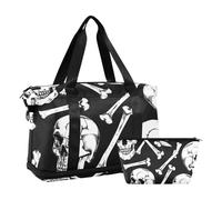 Borsa da viaggio con teschio e ossa dipinte in bianco e nero con cinghia regolabile per palestra multifunzionale, Ossa del teschio dipinte in bianco e nero, 1 size