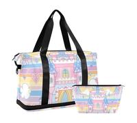 Borsa da viaggio con tracolla regolabile per allenamento, motivo: castello delle fiabe, con motivo cartone animato e colorato, set da 2 pezzi, Cartone animato carino colorato castello fiaba, 1 size