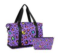 Borsa da viaggio con tracolla regolabile per viaggi d'affari, con tasca bagnata, colore leopardo, viola, set da 2 pezzi per uomini e donne