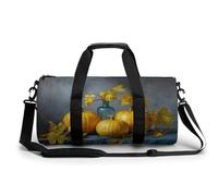 Borsa da viaggio con tre zucche e foglie gialle sul tavolo, borsa da palestra per donne e uomini, borsa da viaggio cilindrica per allenamento sportivo con tracolla