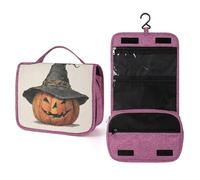 Borsa da viaggio da donna, con cappello da strega alto, con zucca di Halloween, organizer da appendere con gancio per shampoo