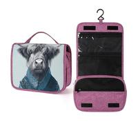 Borsa da viaggio da donna, con mucca delle Highland che indossa una camicia blu, organizer da appendere per trucchi con gancio per shampoo