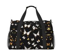 Borsa da viaggio da donna, con stampa di farfalle, colore oro, bianco e nero, borsa da viaggio, accessori da viaggio, Nero , Taglia unica