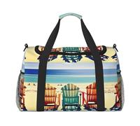 Borsa da viaggio da donna, con stampa di scene di spiaggia con sedie, borsa da viaggio, borsa da viaggio, accessori da viaggio, Nero , Taglia unica