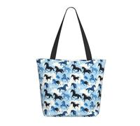 Borsa da viaggio da donna, da lavoro, leggera, con stampa di cavalli blu e nero, borsa a tracolla da infermiera, borsa da spiaggia da donna, grande borsa tote con cerniera
