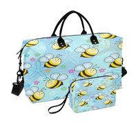 Borsa da viaggio da palestra, borsa tote per la notte, borsa da viaggio e bagaglio con tracolla regolabile per viaggio, set da 2 pezzi, con api carine, felice, buona fortuna, azzurro, Multi, 1 size,
