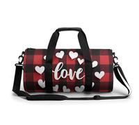 Borsa da viaggio da palestra con motivo a scacchi rossi e neri con cuore di San Valentino per donne e uomini, borsa da viaggio cilindrica per allenamento sportivo con tracolla