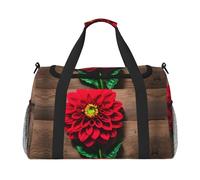Borsa da viaggio da viaggio con stampa di dalie rosse con bordo in legno, stile retrò, borsa da viaggio di grande capacità, elegante borsa funzionale, nero, Taglia unica